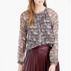 J.Crew Collection Silk Button Front Blouse Feather Print Black Size 10